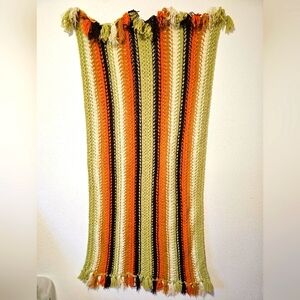 Homemade Green, Orange, Brown colored afghan crocheted blanket approx 36"x 68"